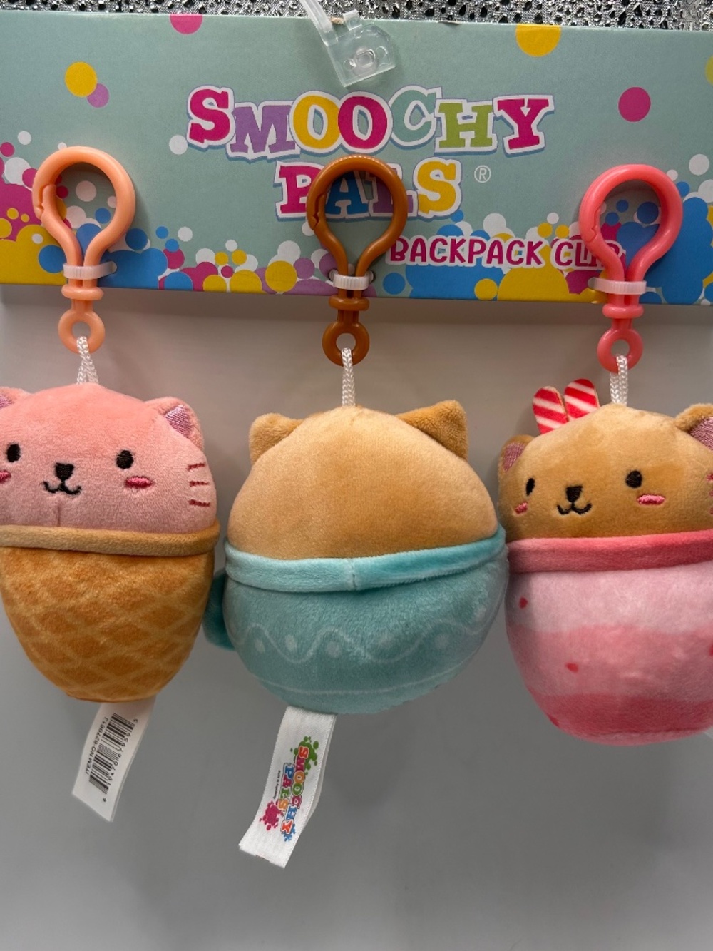 Smoochy Pals Backpack Clip 3 Pack Multicolor Peek-A-Boo Kitty on Food Plushies